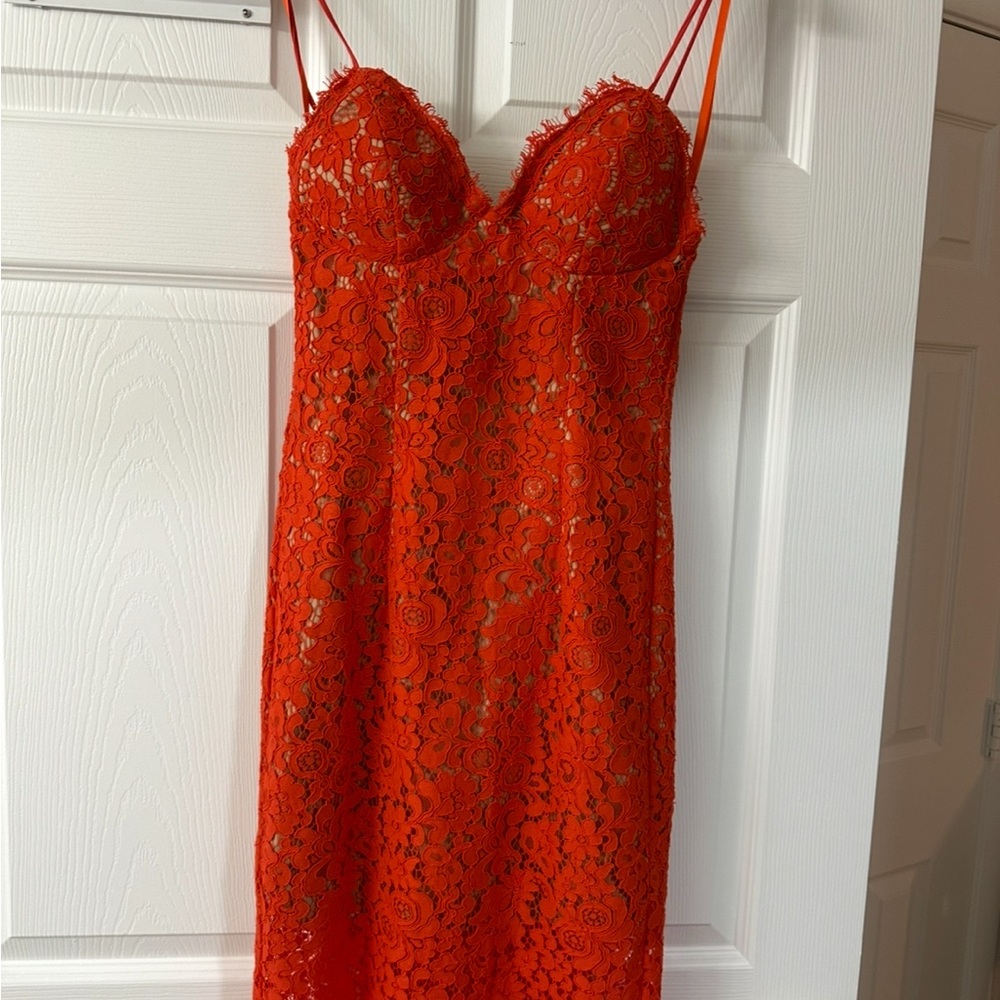Bardot Orange Lace Midi Dress